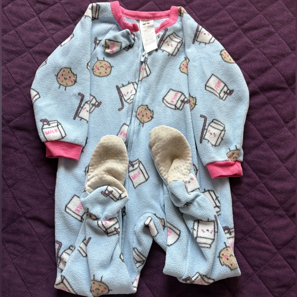 Children's Light Blue Fleece Pajamas with Pink Trim - Cozy Milk & Cookie Print